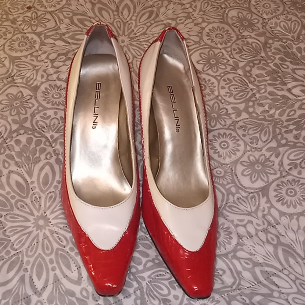 Womens red and white leather high heeled shoes
